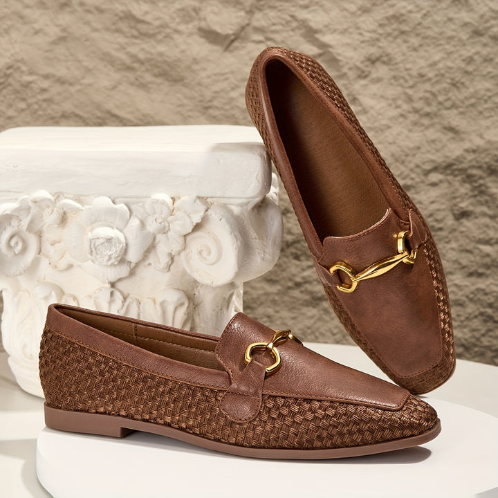 Brown Woven Fabric Loafers with Metal Buckle