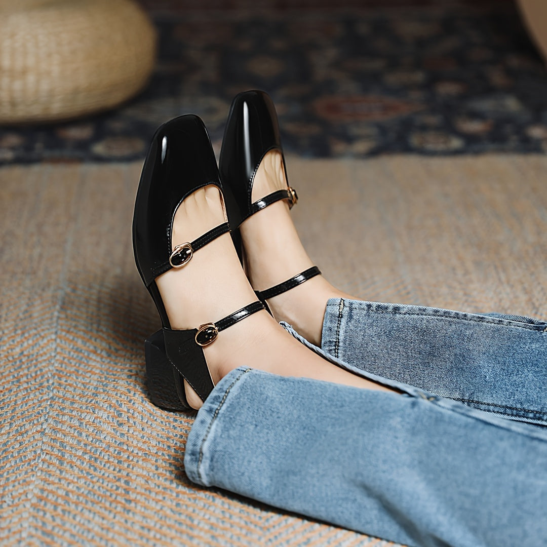 Square Head low Heel Buckle Shoes