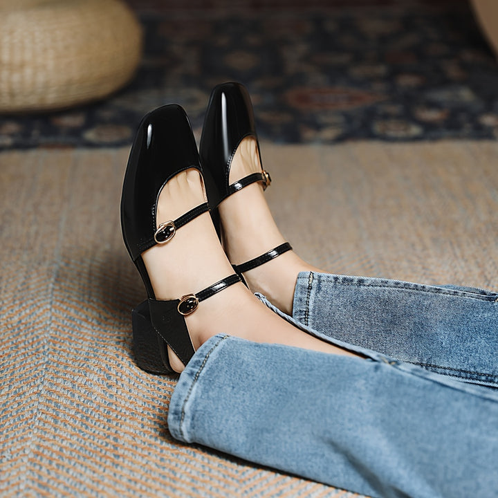 Square Head low Heel Buckle Shoes