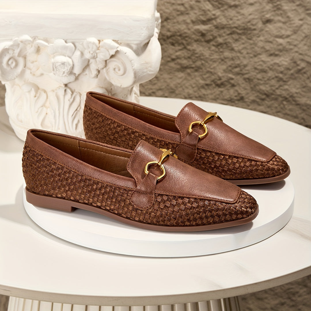 Brown Woven Fabric Loafers with Metal Buckle