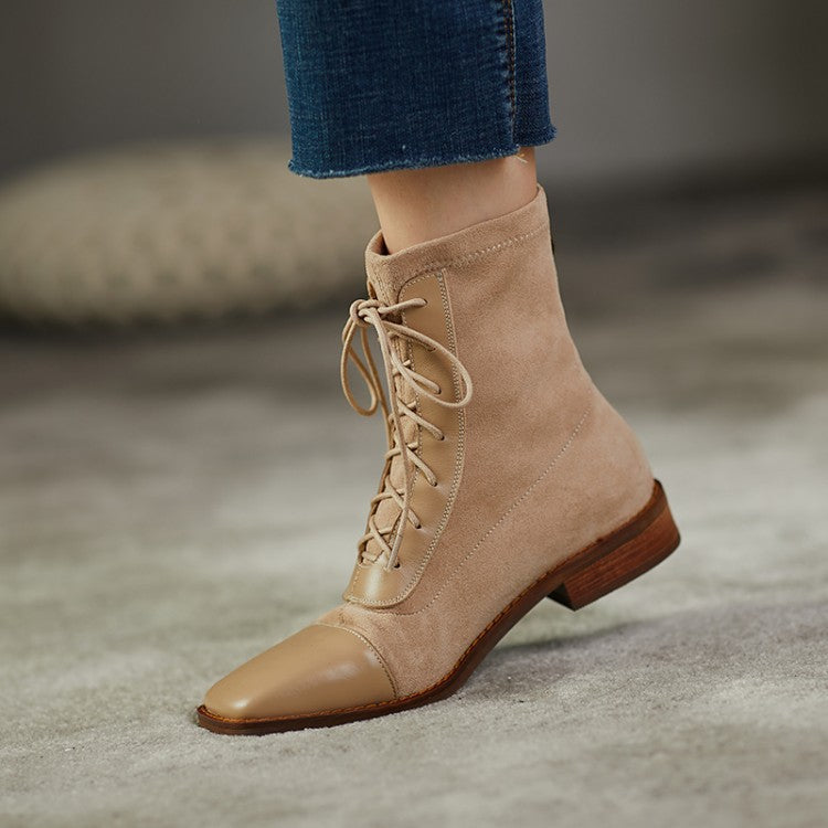 Square Toe Lace-Up Short-Leg Boots