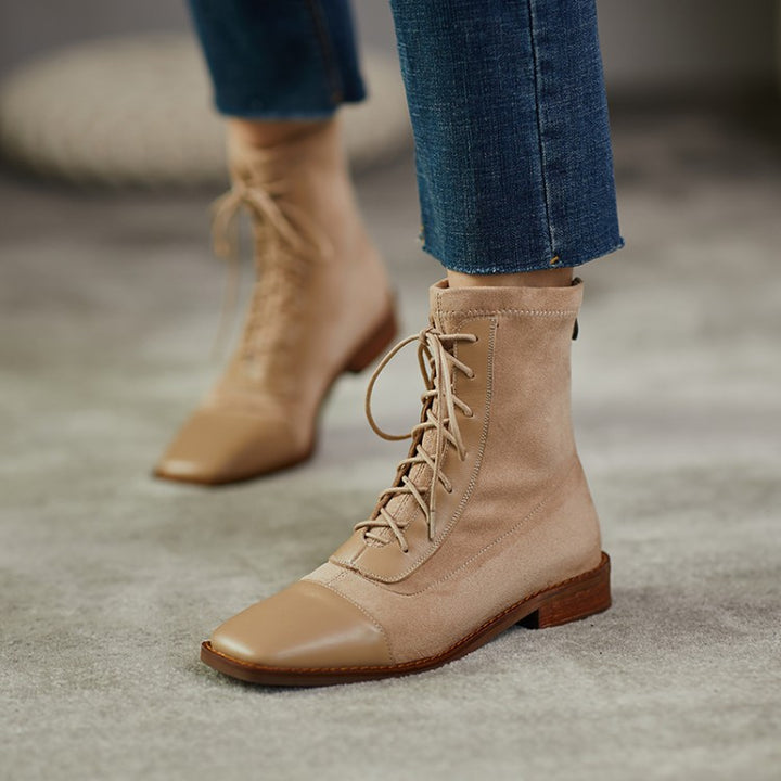 Square Toe Lace-Up Short-Leg Boots