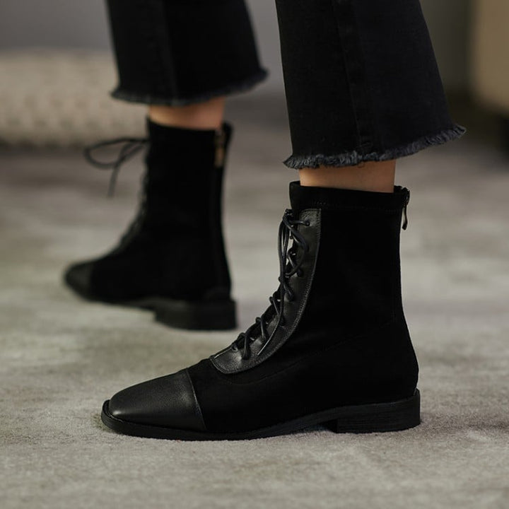 Square Toe Lace-Up Short-Leg Boots