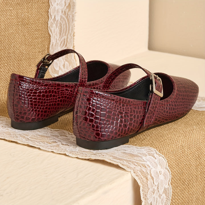 Women's Red Crocodile Pattern Flat Mary Jane Shoe