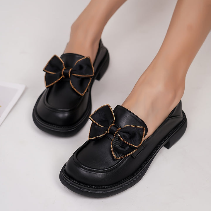 Preppy Style Bow-Decorated Thick Heel Loafers