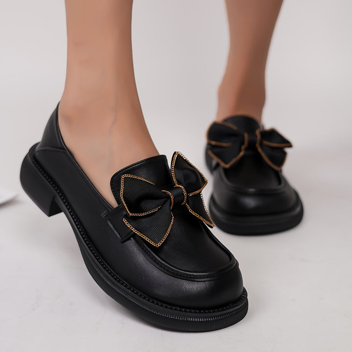 Preppy Style Bow-Decorated Thick Heel Loafers
