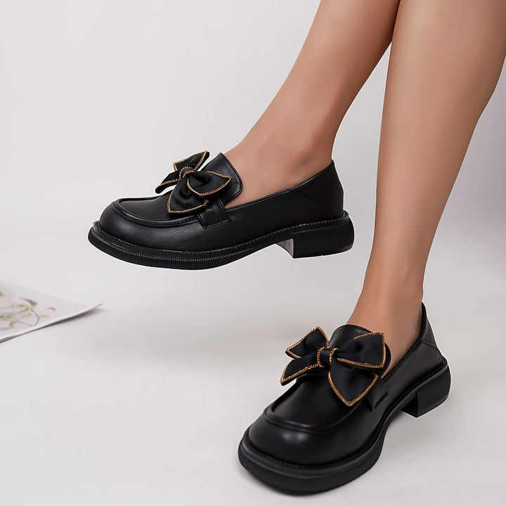Preppy Style Bow-Decorated Thick Heel Loafers