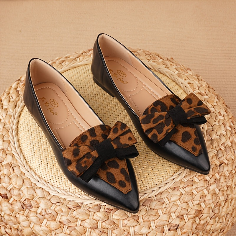 Women's Pointed Toe Flats with Leopard Print Bow