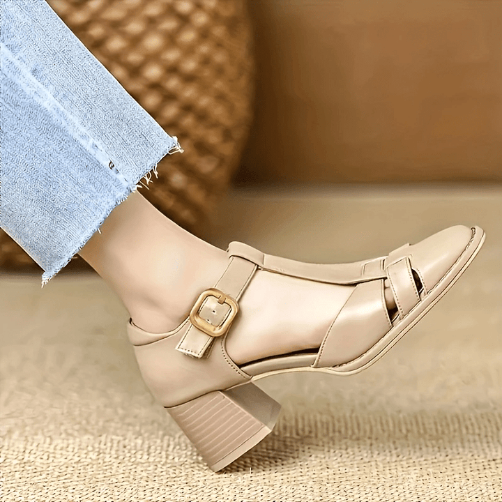 Women's Beige High Heels with One-Buckle Closure
