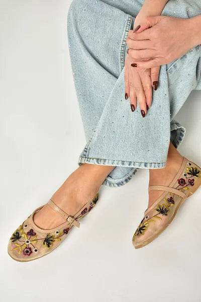 Embroidered Flower Mary Jane Ballets