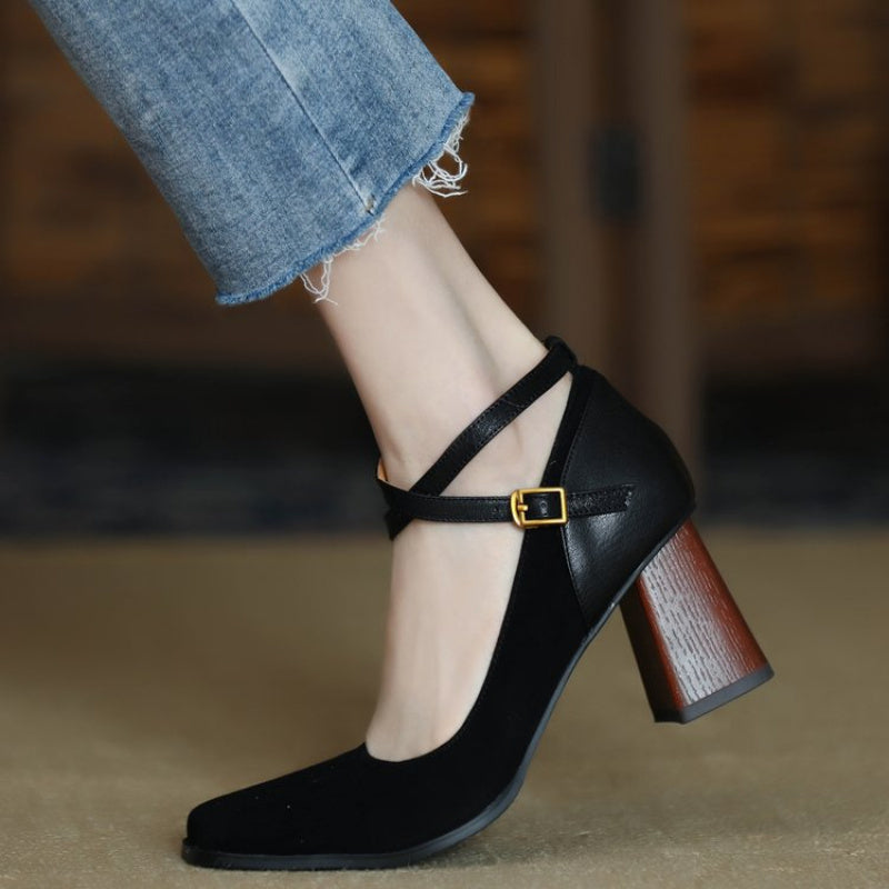 Women's Square Toe Chunky Heel Pumps