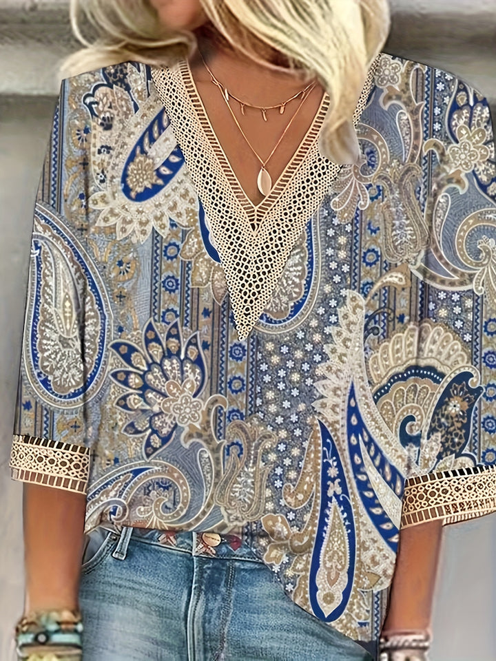 Elegant V-Neck Blouse with Paisley Pattern