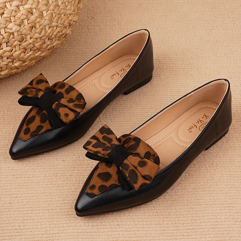Women's Pointed Toe Flats with Leopard Print Bow
