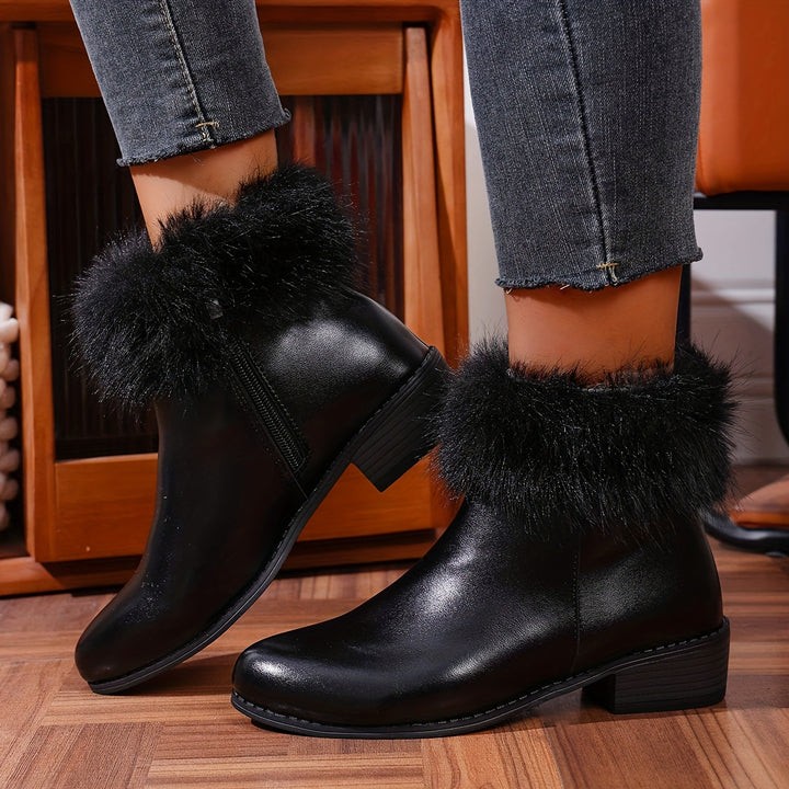 Women's Plush Trim Ankle Boots with Zipper Closure