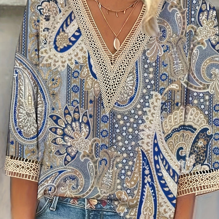 Elegant V-Neck Blouse with Paisley Pattern