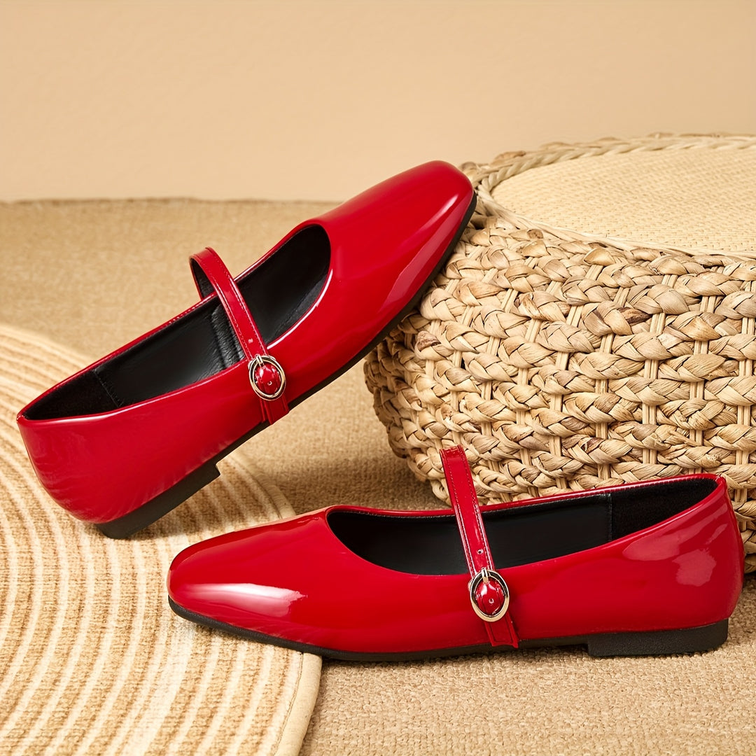 Red Mary Jane Ballet Flats with Adjustable Buckle Strap