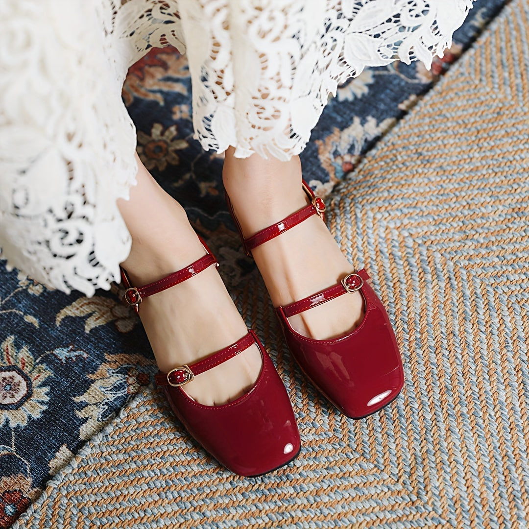 Square Head low Heel Buckle Shoes