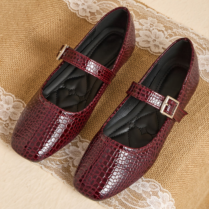 Women's Red Crocodile Pattern Flat Mary Jane Shoe