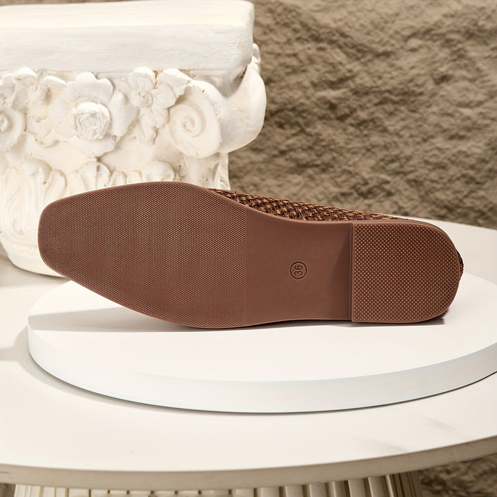 Brown Woven Fabric Loafers with Metal Buckle