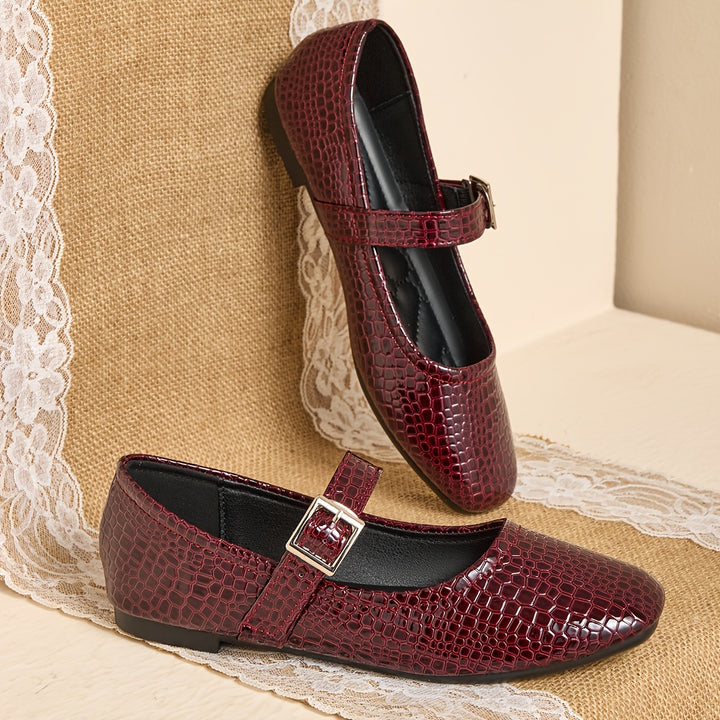 Women's Red Crocodile Pattern Flat Mary Jane Shoe