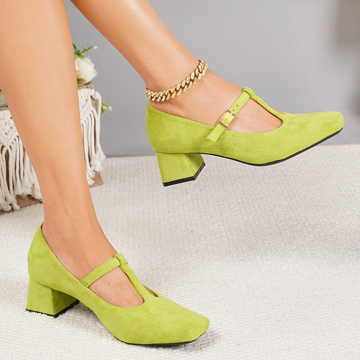 Square Toe Chunky Heel T-Bar Shoes