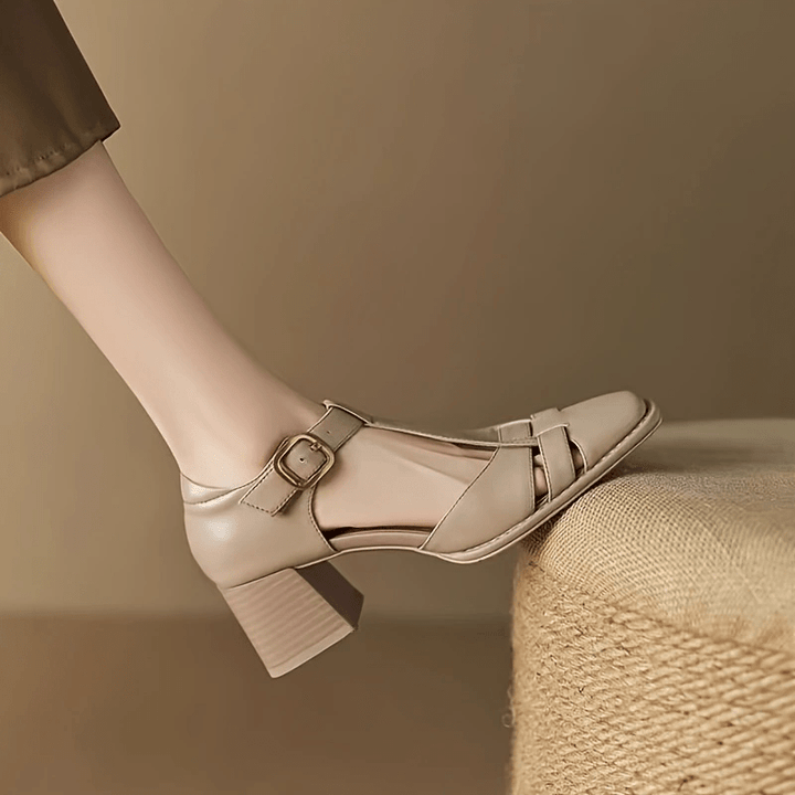 Women's Beige High Heels with One-Buckle Closure
