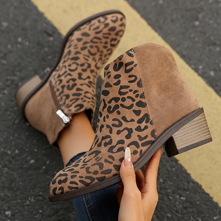 Women's Leopard Print Chunky Low Block Heel Ankle Boots