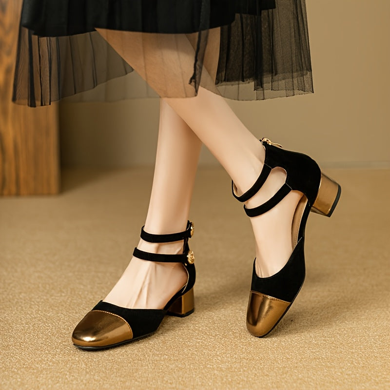 Round-ToeBlock Heel Buckle Shoes