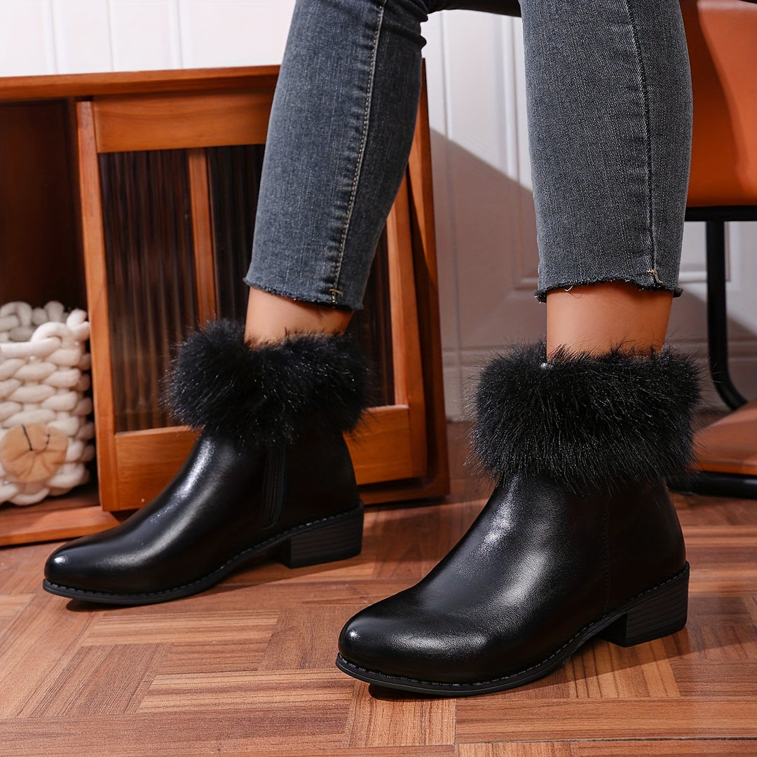 Women's Plush Trim Ankle Boots with Zipper Closure