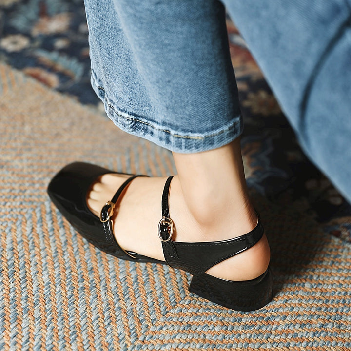 Square Head low Heel Buckle Shoes