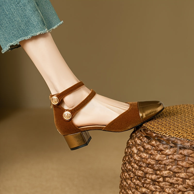Round-ToeBlock Heel Buckle Shoes