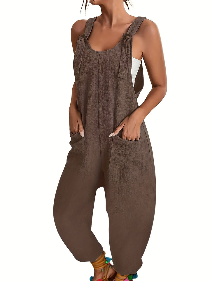 Casual jumpsuit with textured weave and knotted detail