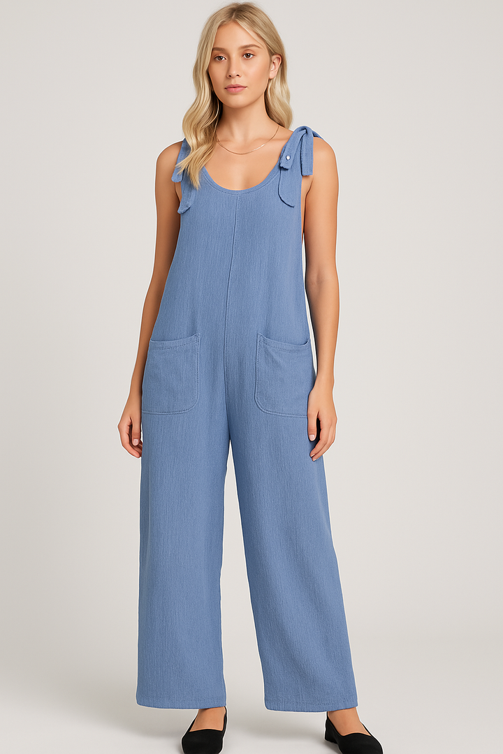 Casual jumpsuit with textured weave and knotted detail