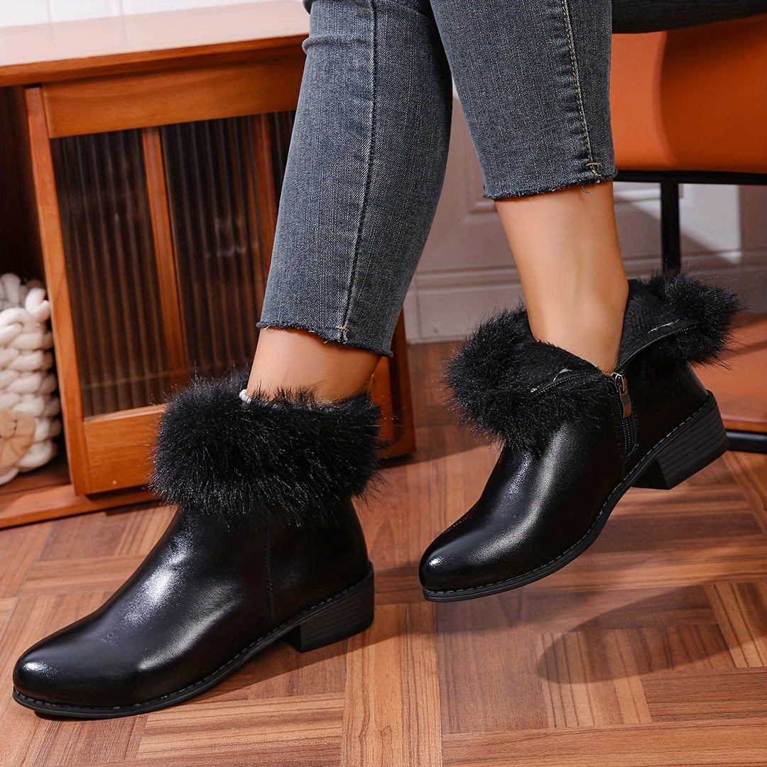 Women's Plush Trim Ankle Boots with Zipper Closure