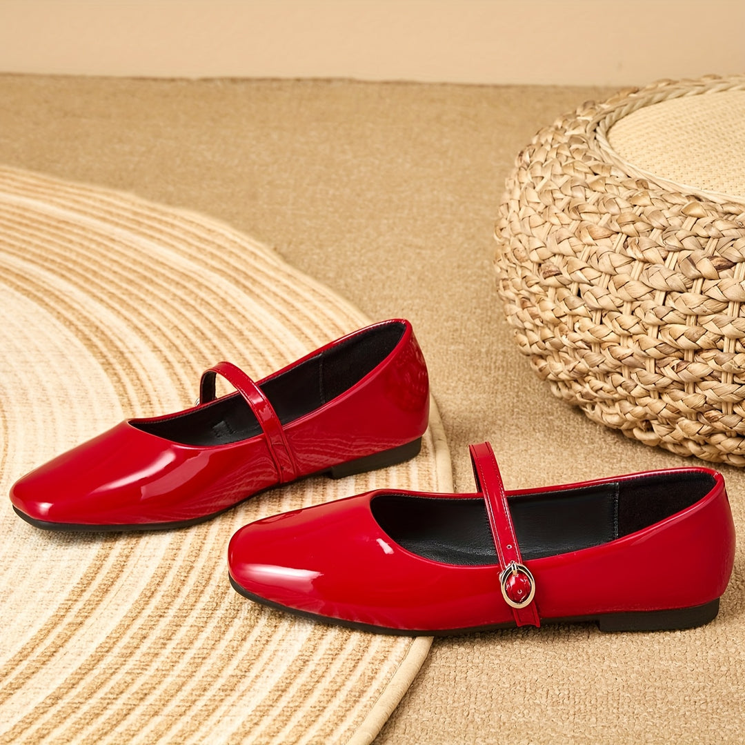 Red Mary Jane Ballet Flats with Adjustable Buckle Strap
