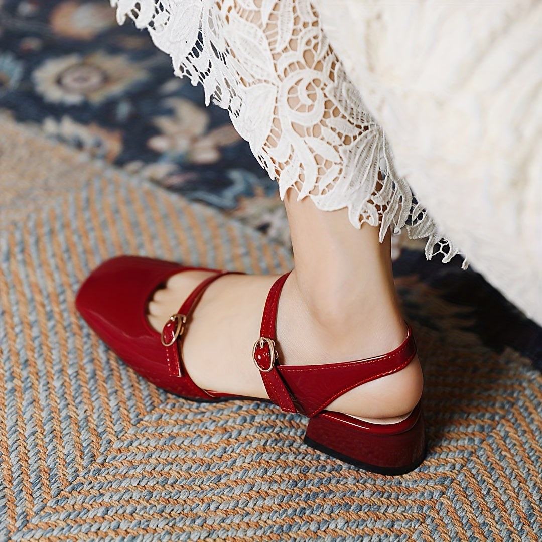 Square Head low Heel Buckle Shoes