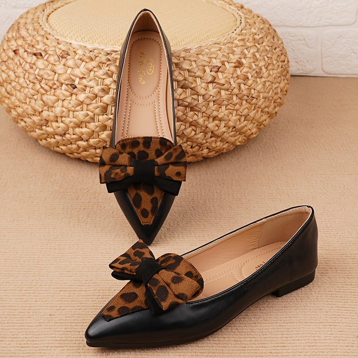 Women's Pointed Toe Flats with Leopard Print Bow