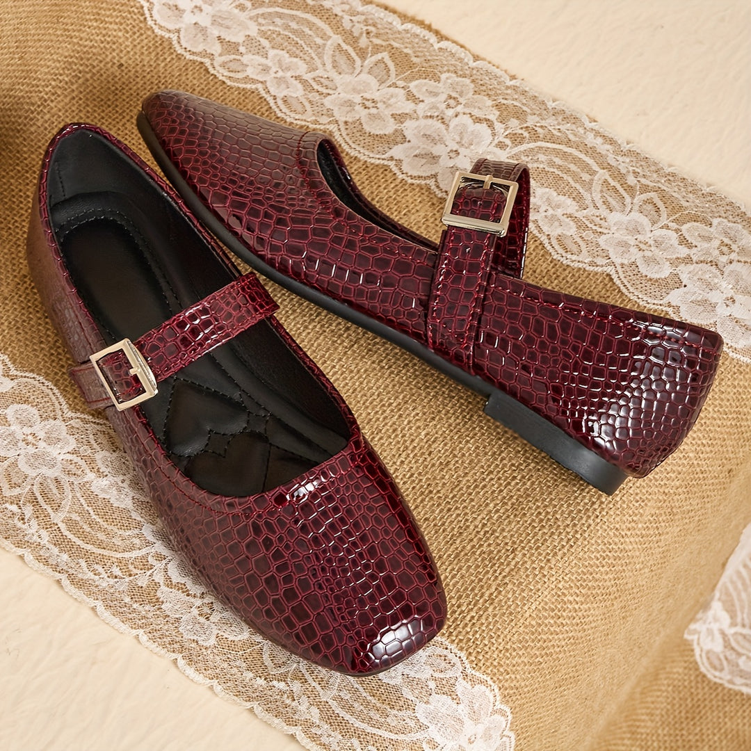 Women's Red Crocodile Pattern Flat Mary Jane Shoe