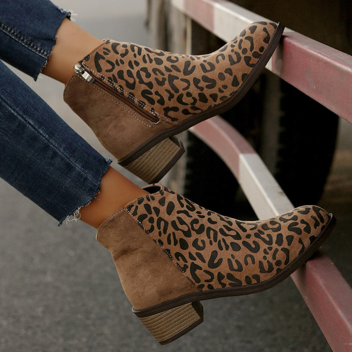 Women's Leopard Print Chunky Low Block Heel Ankle Boots