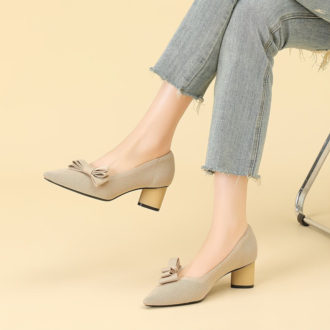 Pointed Toe Bow Detail Mid-Heel Pumps