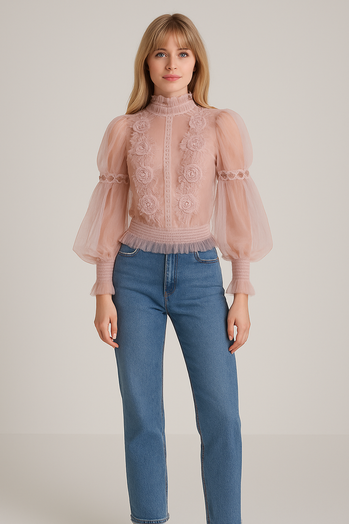 Lace Puff Long Sleeve Blouse