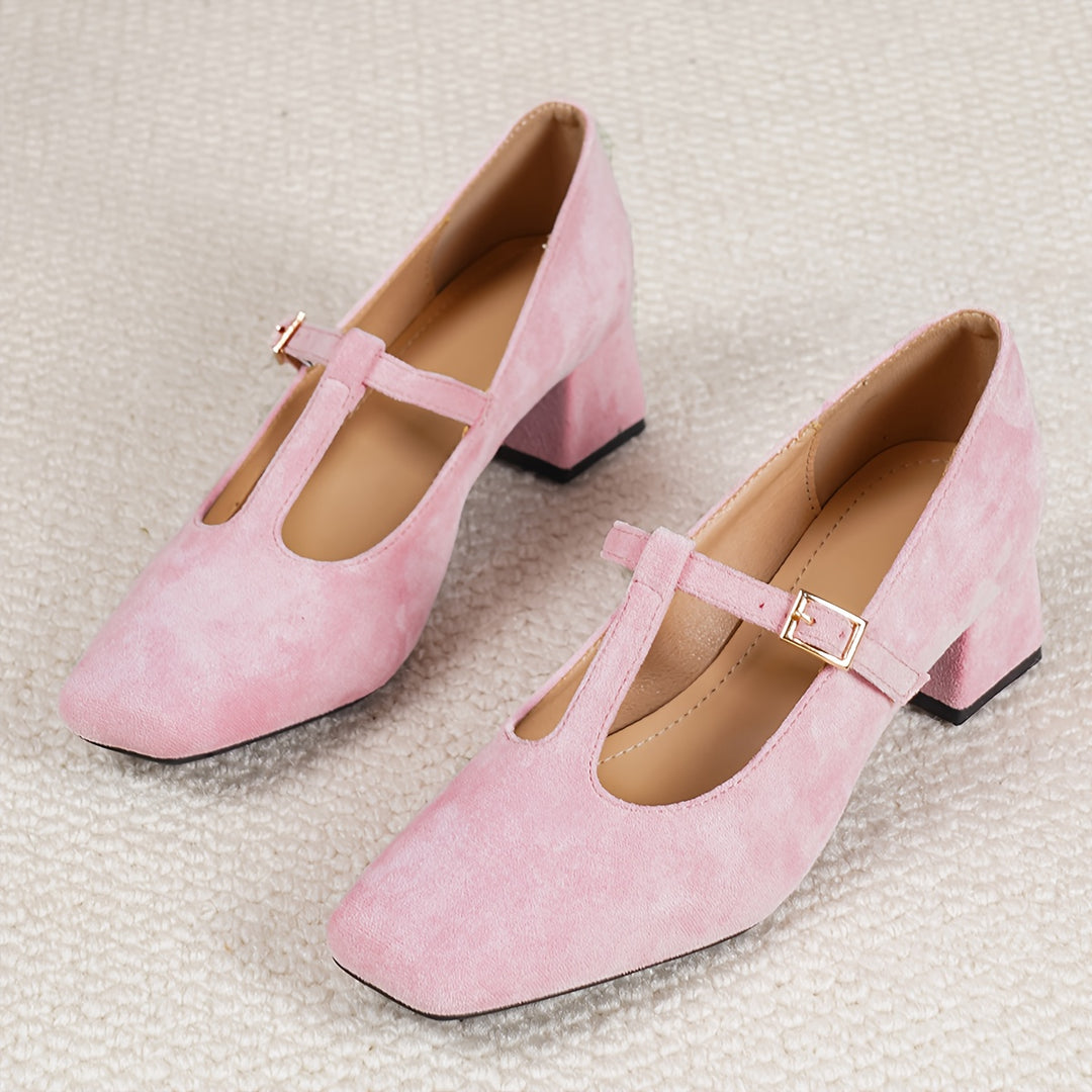 Square Toe Chunky Heel T-Bar Shoes