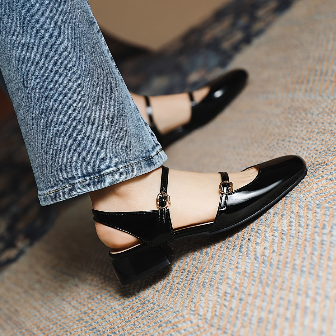 Square Head low Heel Buckle Shoes