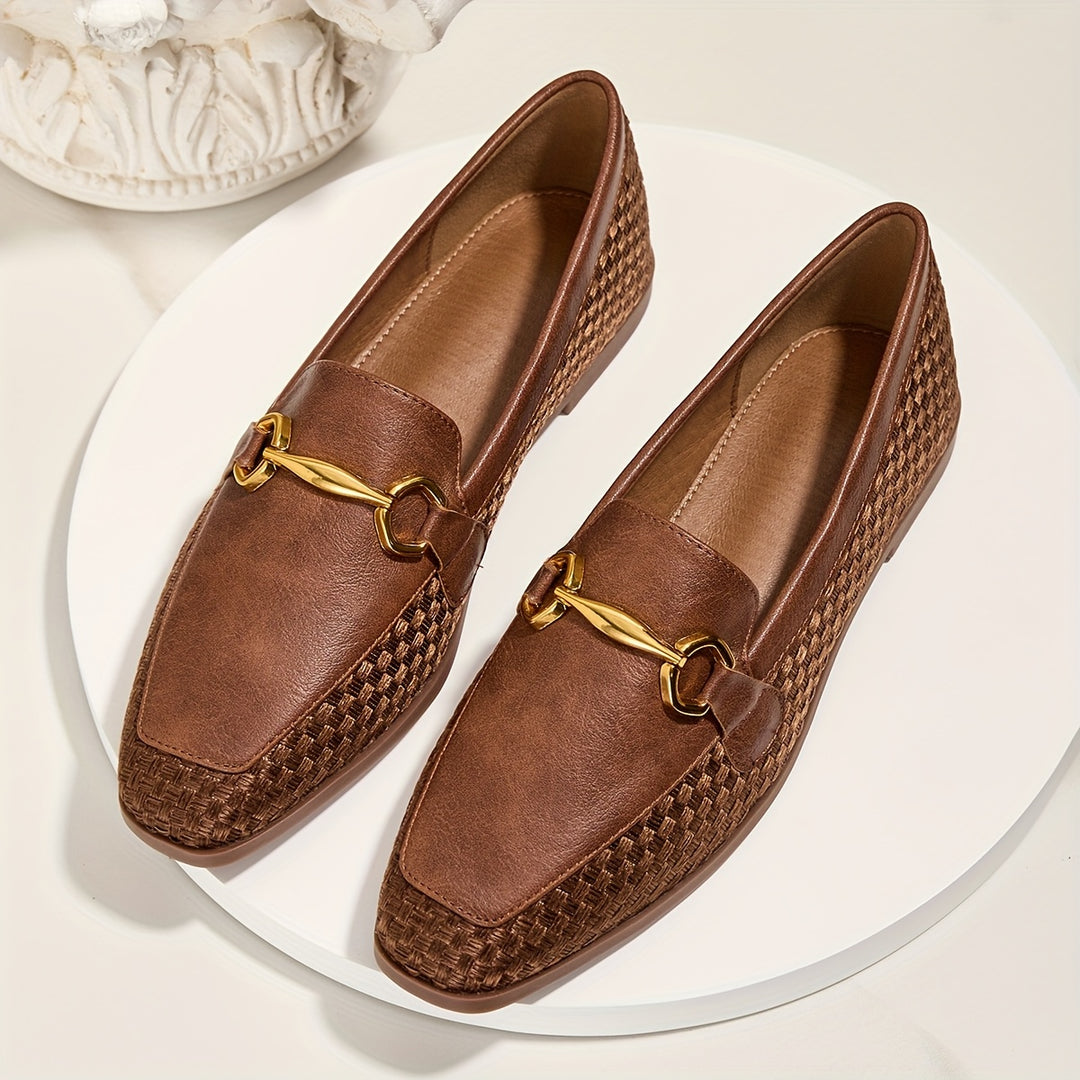 Brown Woven Fabric Loafers with Metal Buckle