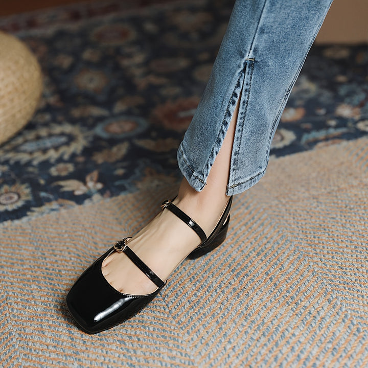 Square Head low Heel Buckle Shoes