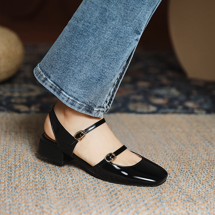 Square Head low Heel Buckle Shoes