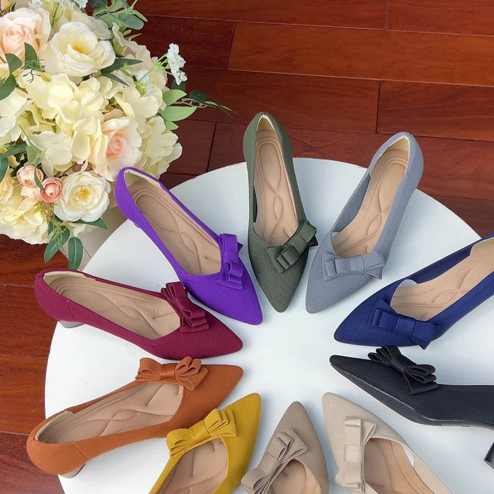 Pointed Toe Bow Detail Mid-Heel Pumps