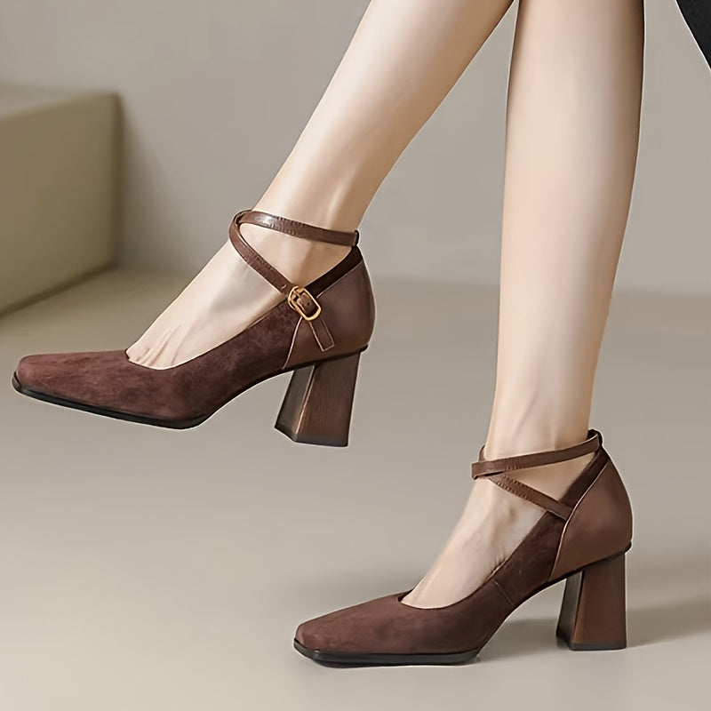 Women's Square Toe Chunky Heel Pumps