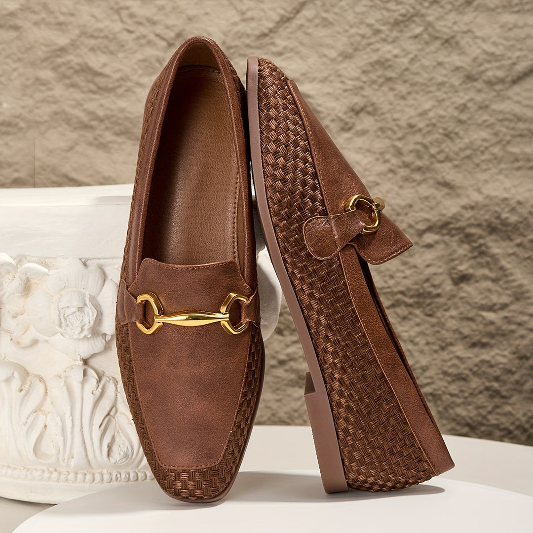 Brown Woven Fabric Loafers with Metal Buckle