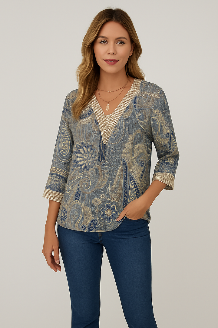 Elegant V-Neck Blouse with Paisley Pattern